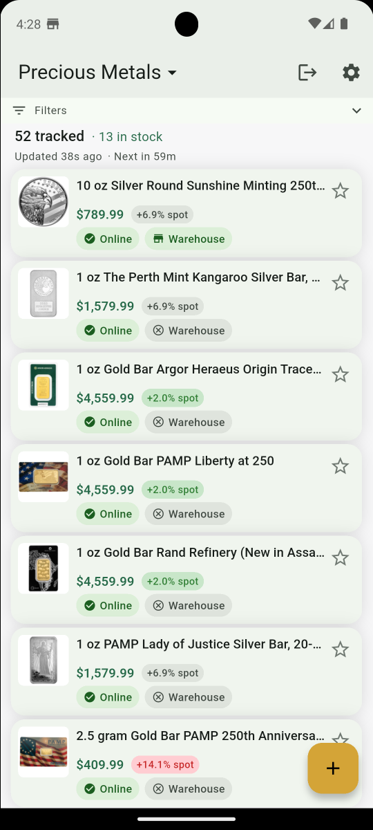 Tracked list with in-stock indicators