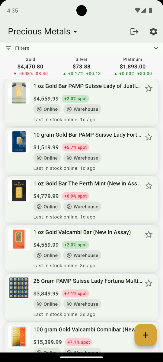 Live precious metals spot prices