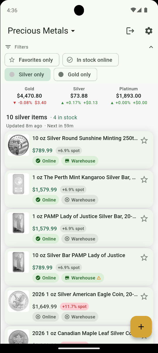 Filter by metal and stock status